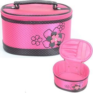 Jacki Designs Pink Polka Dots Cosmetic Make Up Brush Round Jewelry Case